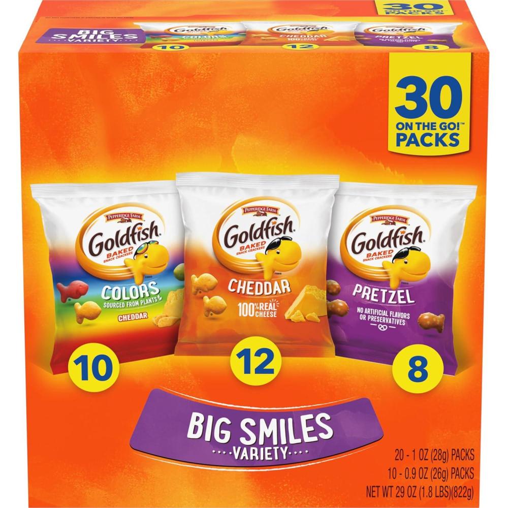 image:imageGoldfish Crackers Big Smiles Variety Pack with Cheddar Colors and Pretzels Snack Packs 30 Ct29 Ounce Pack of 1