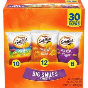 Goldfish Crackers Big Smiles Variety Pack with Cheddar, Colors, and Pretzels, Snack Packs, 30 Ct(29 Ounce (Pack of 1))